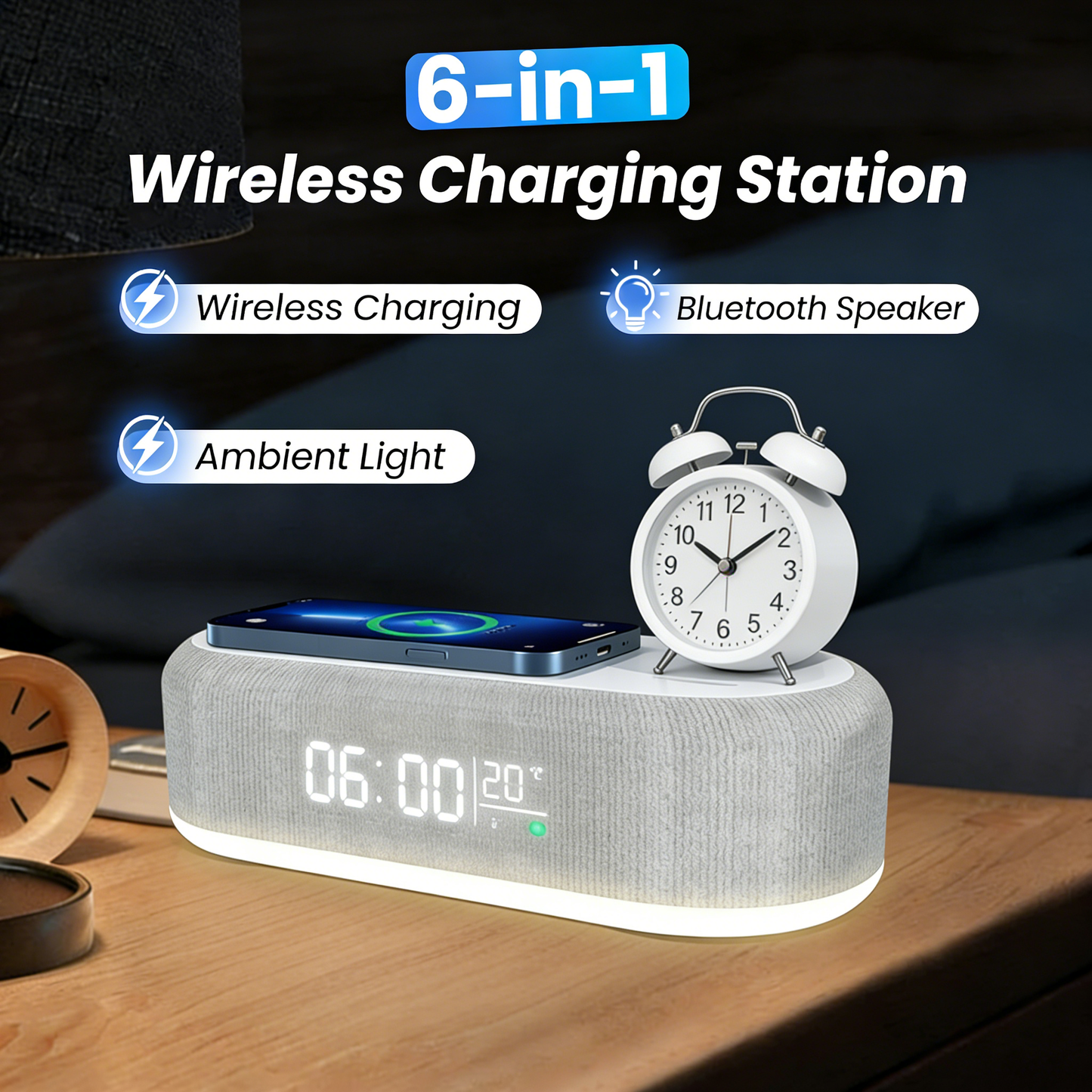 Nexivox™ - station de recharge slim 6-en-1 avec haut-parleur et horloge