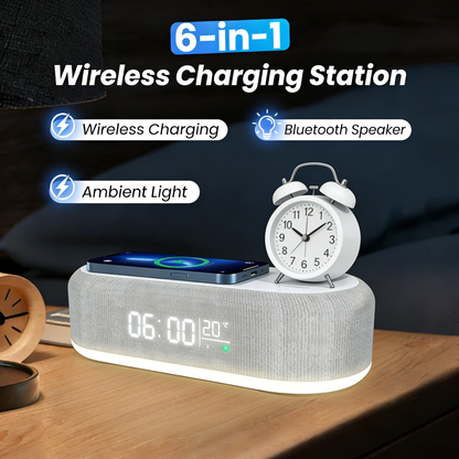 Nexivox™ - station de recharge slim 6-en-1 avec haut-parleur et horloge