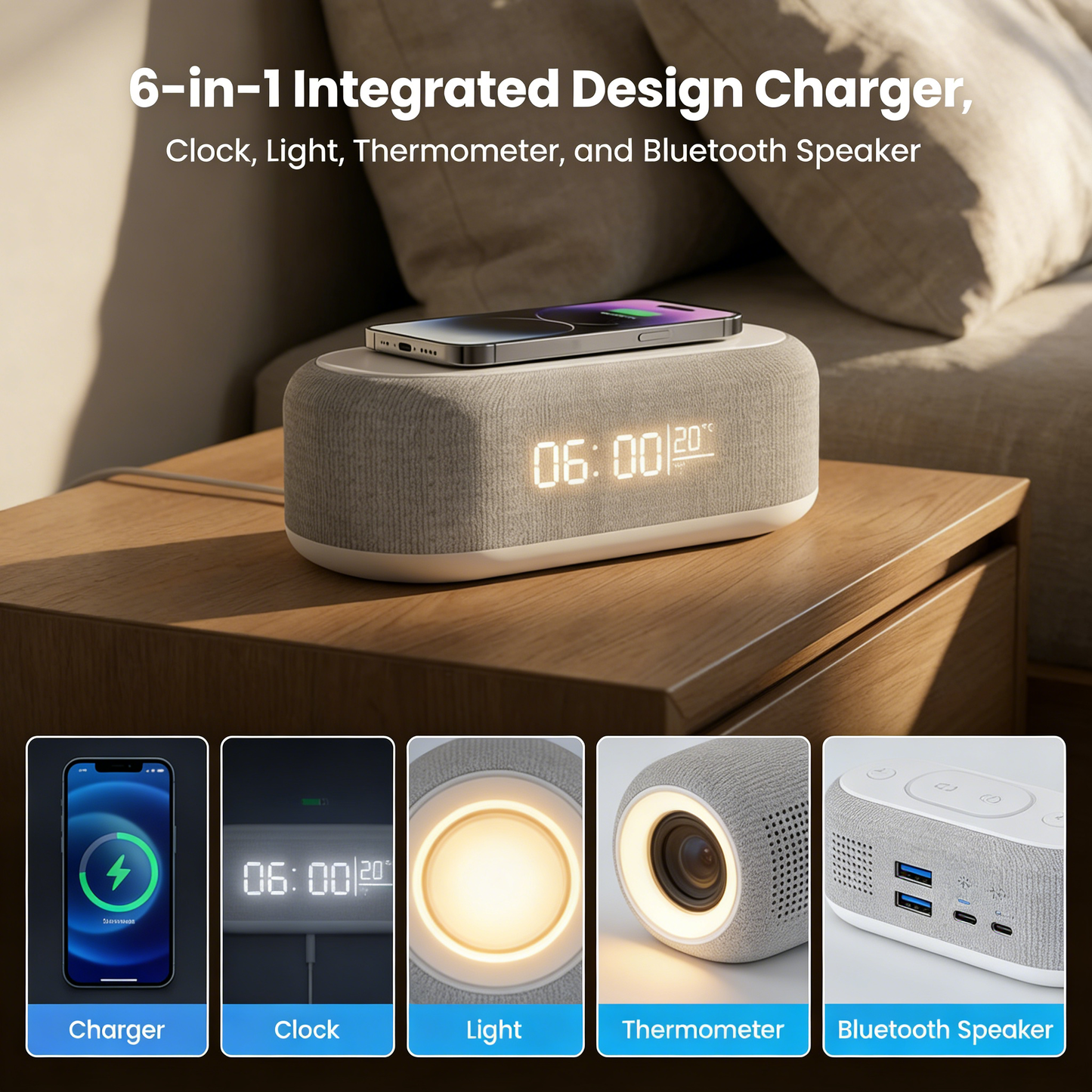 Nexivox™ - station de recharge slim 6-en-1 avec haut-parleur et horloge